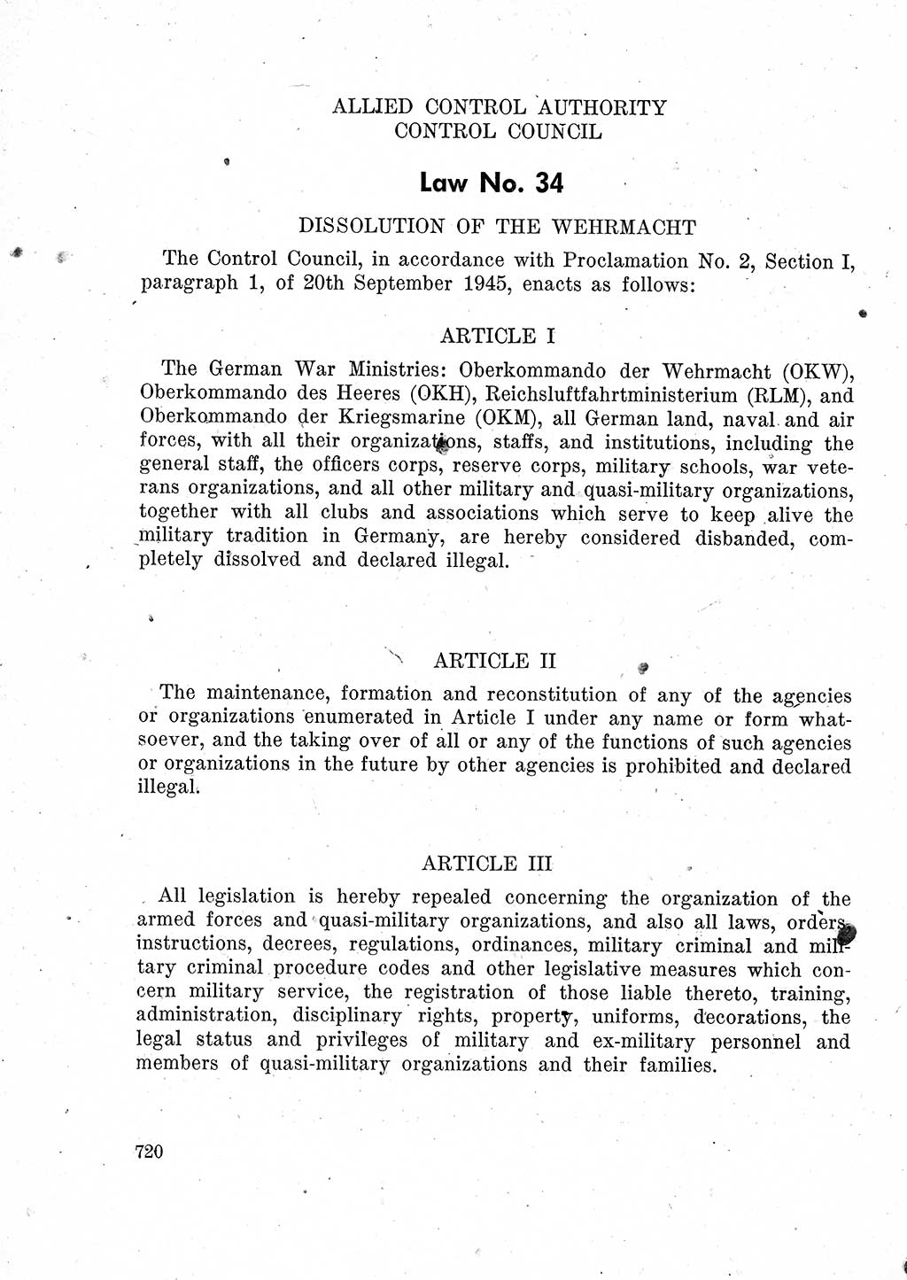 Das Recht der Besatzungsmacht (Deutschland), Proklamationen, Deklerationen, Verordnungen, Gesetze und Bekanntmachungen 1947, Seite 720 (R. Bes. Dtl. 1947, S. 720)