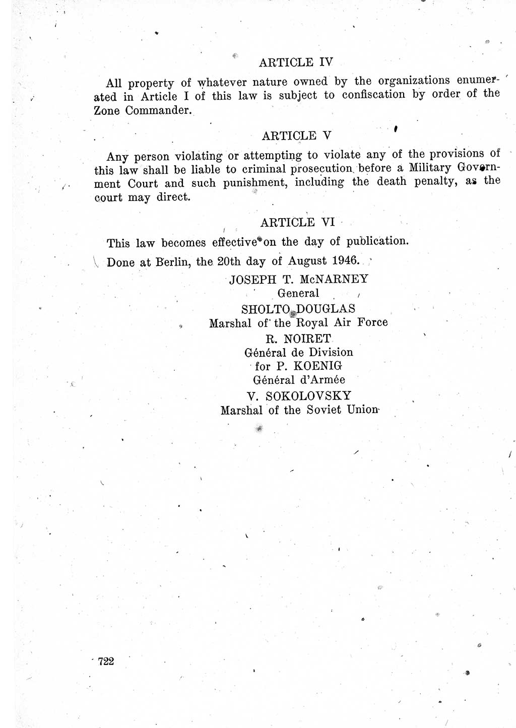 Das Recht der Besatzungsmacht (Deutschland), Proklamationen, Deklerationen, Verordnungen, Gesetze und Bekanntmachungen 1947, Seite 722 (R. Bes. Dtl. 1947, S. 722)