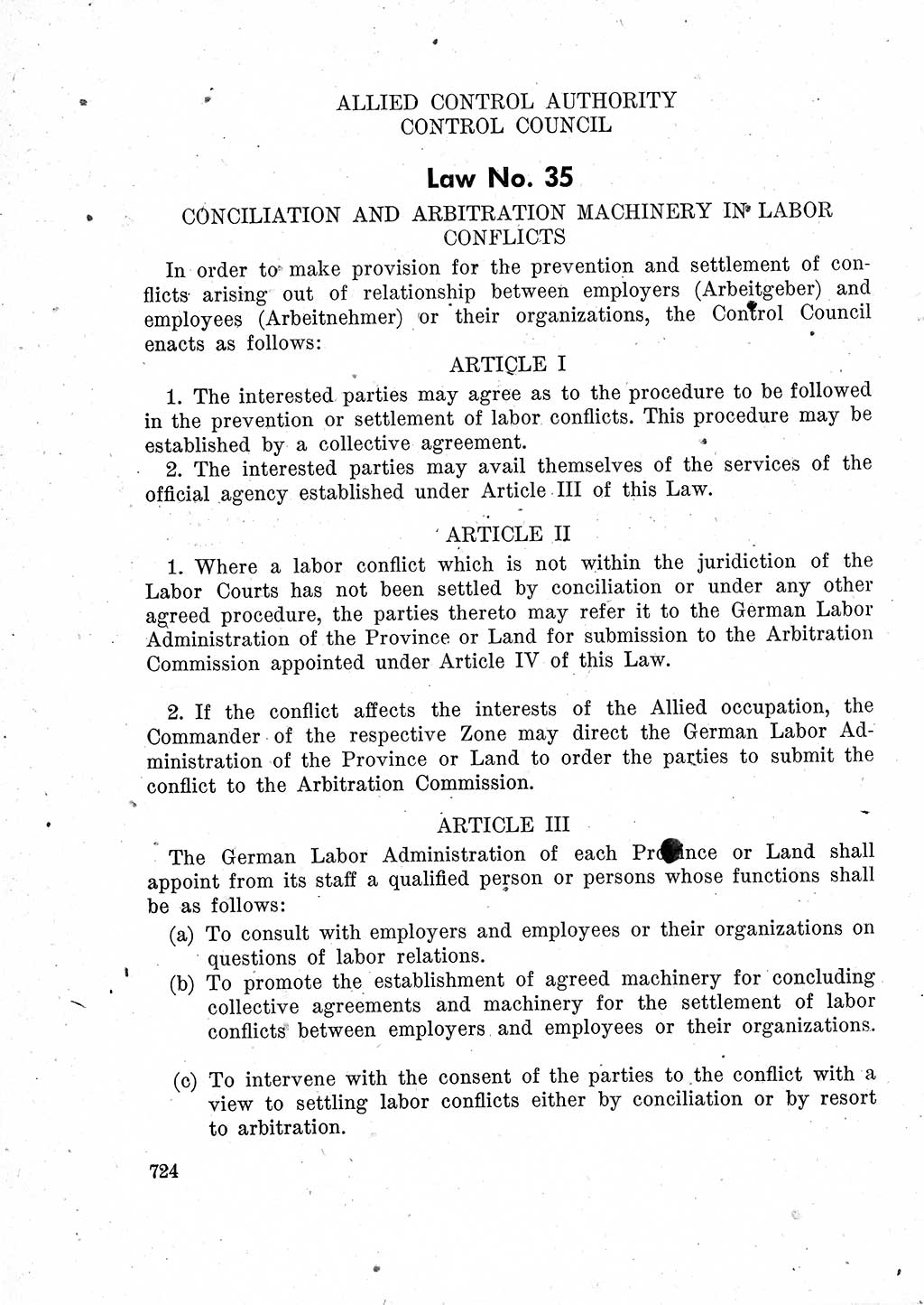 Das Recht der Besatzungsmacht (Deutschland), Proklamationen, Deklerationen, Verordnungen, Gesetze und Bekanntmachungen 1947, Seite 724 (R. Bes. Dtl. 1947, S. 724)