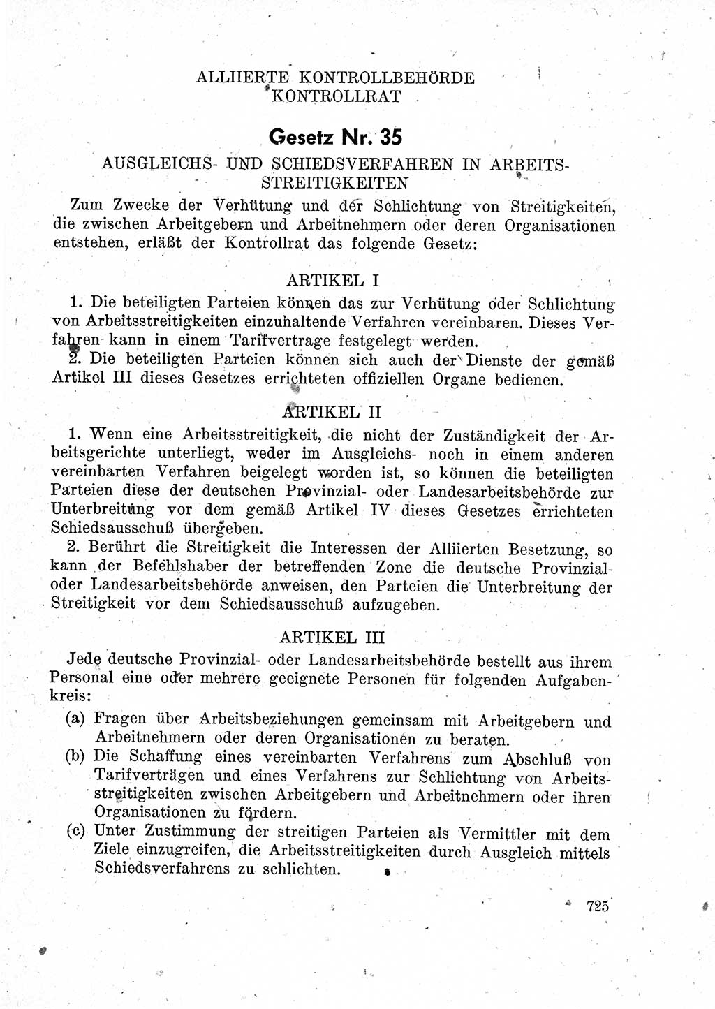 Das Recht der Besatzungsmacht (Deutschland), Proklamationen, Deklerationen, Verordnungen, Gesetze und Bekanntmachungen 1947, Seite 725 (R. Bes. Dtl. 1947, S. 725)