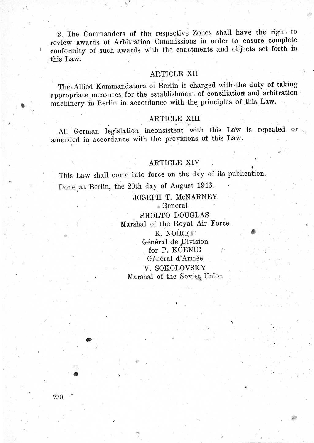 Das Recht der Besatzungsmacht (Deutschland), Proklamationen, Deklerationen, Verordnungen, Gesetze und Bekanntmachungen 1947, Seite 730 (R. Bes. Dtl. 1947, S. 730)