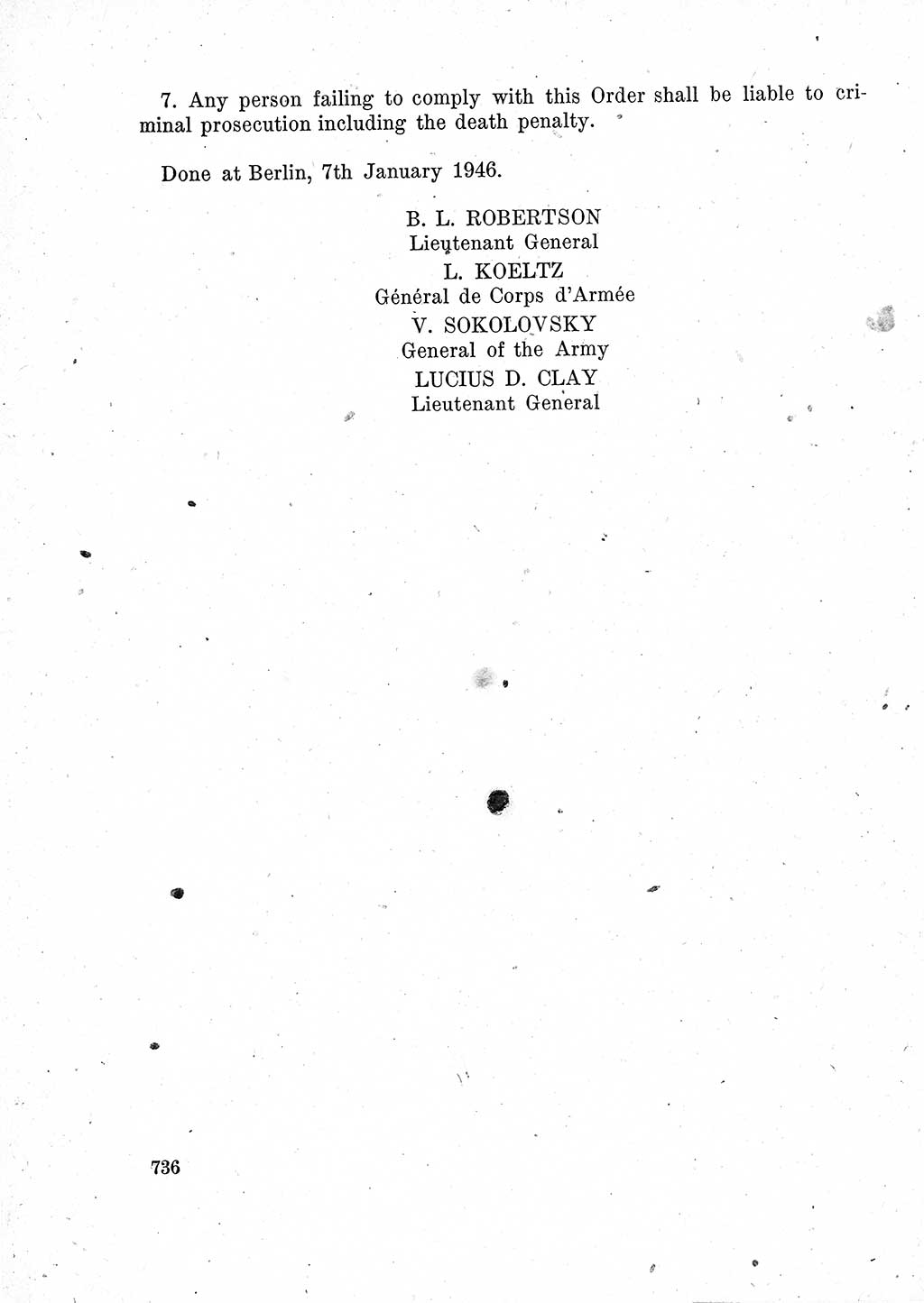 Das Recht der Besatzungsmacht (Deutschland), Proklamationen, Deklerationen, Verordnungen, Gesetze und Bekanntmachungen 1947, Seite 736 (R. Bes. Dtl. 1947, S. 736)