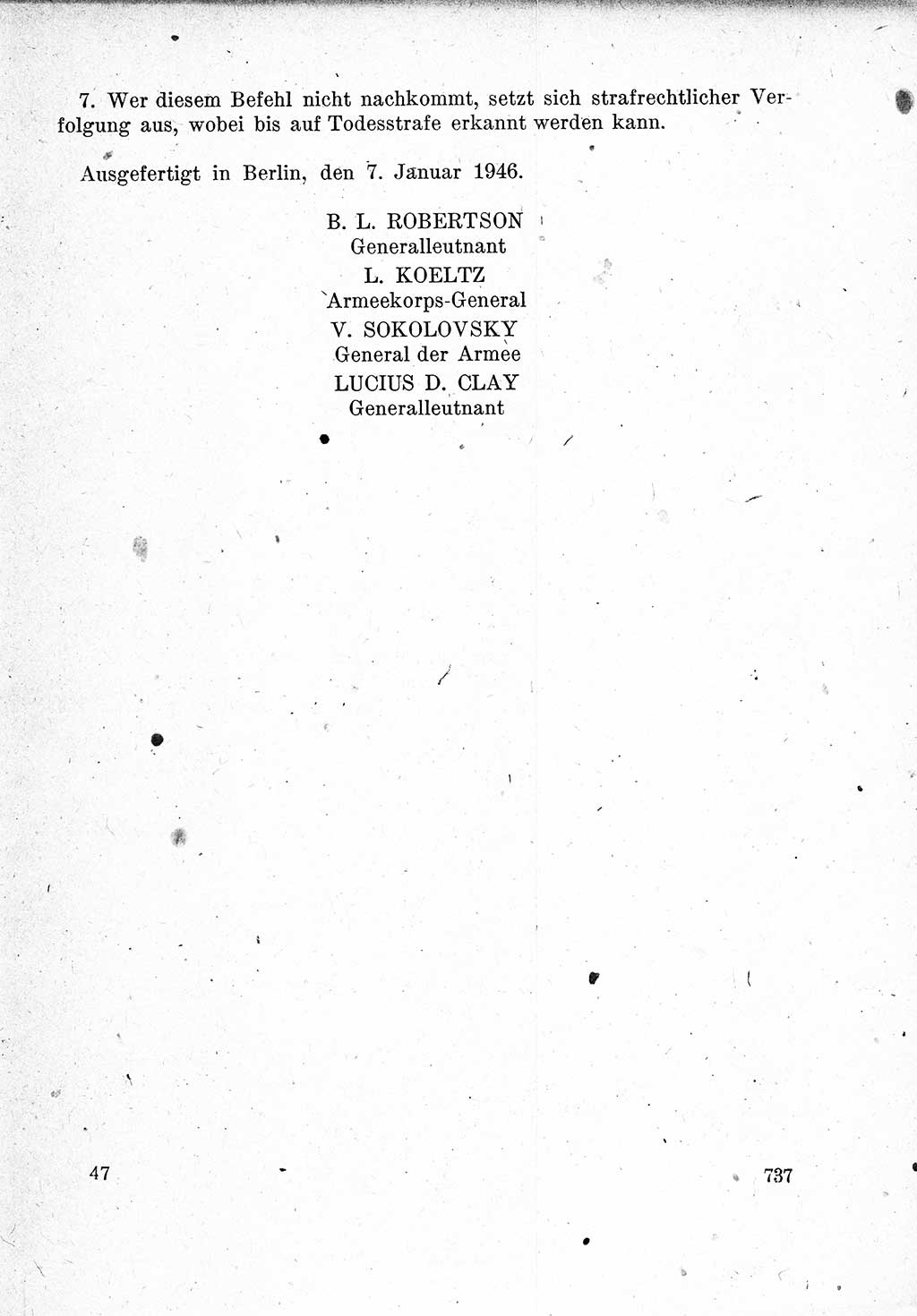 Das Recht der Besatzungsmacht (Deutschland), Proklamationen, Deklerationen, Verordnungen, Gesetze und Bekanntmachungen 1947, Seite 737 (R. Bes. Dtl. 1947, S. 737)