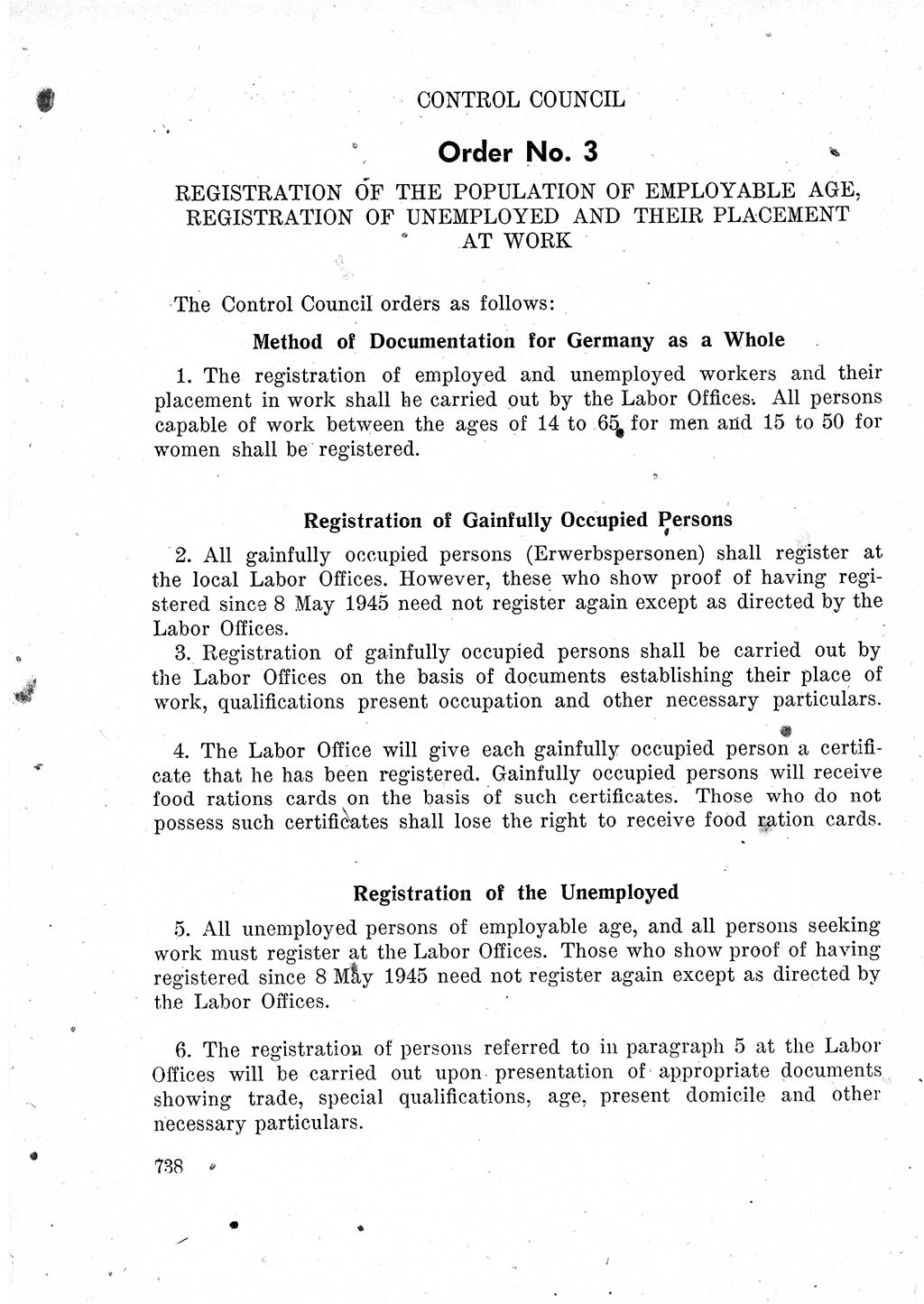 Das Recht der Besatzungsmacht (Deutschland), Proklamationen, Deklerationen, Verordnungen, Gesetze und Bekanntmachungen 1947, Seite 738 (R. Bes. Dtl. 1947, S. 738)
