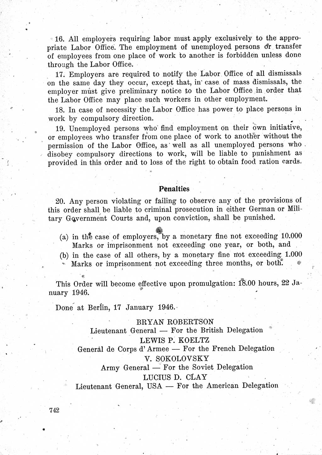 Das Recht der Besatzungsmacht (Deutschland), Proklamationen, Deklerationen, Verordnungen, Gesetze und Bekanntmachungen 1947, Seite 742 (R. Bes. Dtl. 1947, S. 742)