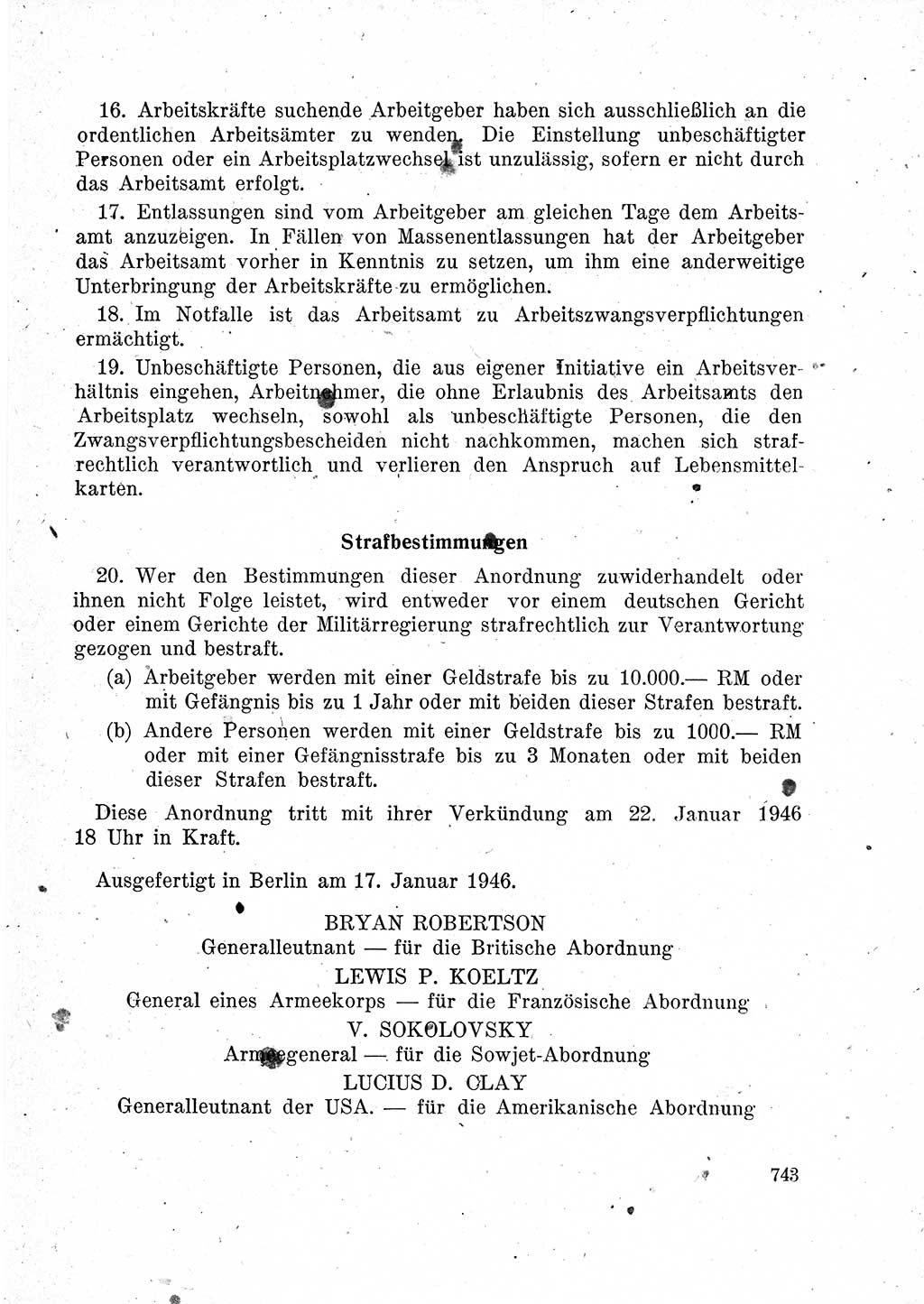 Das Recht der Besatzungsmacht (Deutschland), Proklamationen, Deklerationen, Verordnungen, Gesetze und Bekanntmachungen 1947, Seite 743 (R. Bes. Dtl. 1947, S. 743)