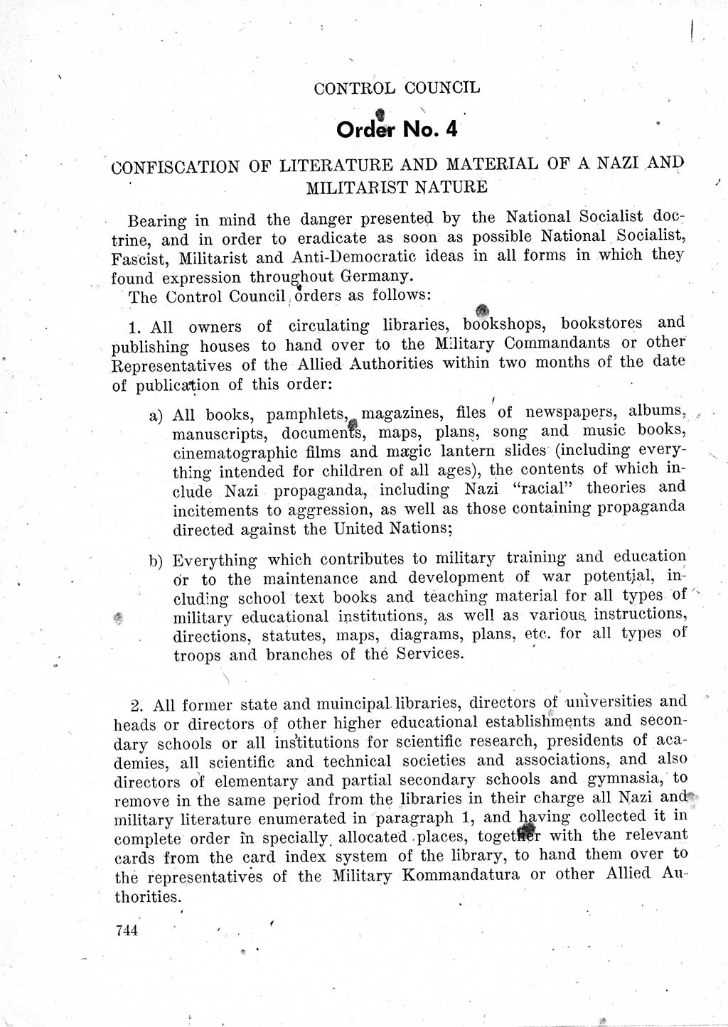 Das Recht der Besatzungsmacht (Deutschland), Proklamationen, Deklerationen, Verordnungen, Gesetze und Bekanntmachungen 1947, Seite 744 (R. Bes. Dtl. 1947, S. 744)