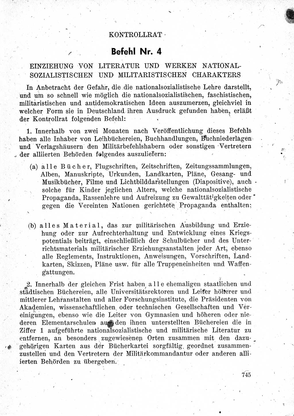 Das Recht der Besatzungsmacht (Deutschland), Proklamationen, Deklerationen, Verordnungen, Gesetze und Bekanntmachungen 1947, Seite 745 (R. Bes. Dtl. 1947, S. 745)