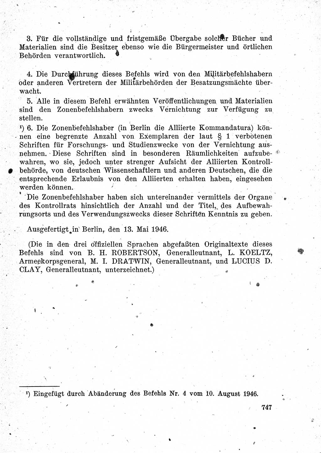 Das Recht der Besatzungsmacht (Deutschland), Proklamationen, Deklerationen, Verordnungen, Gesetze und Bekanntmachungen 1947, Seite 747 (R. Bes. Dtl. 1947, S. 747)