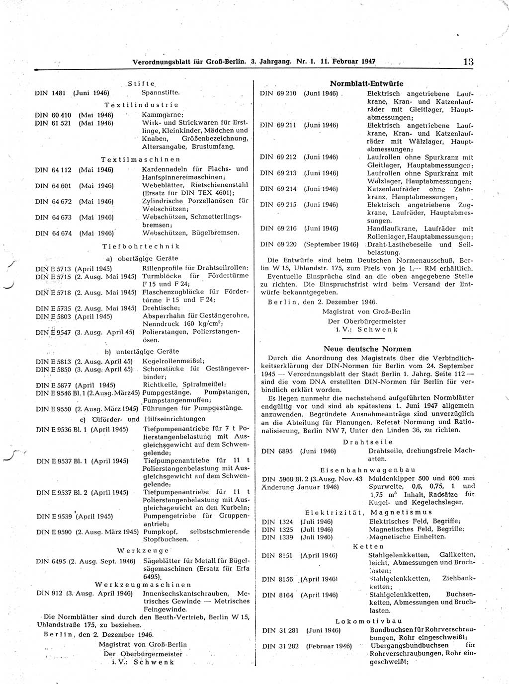 Verordnungsblatt (VOBl.) für Groß-Berlin 1947, Seite 13 (VOBl. Bln. 1947, S. 13)