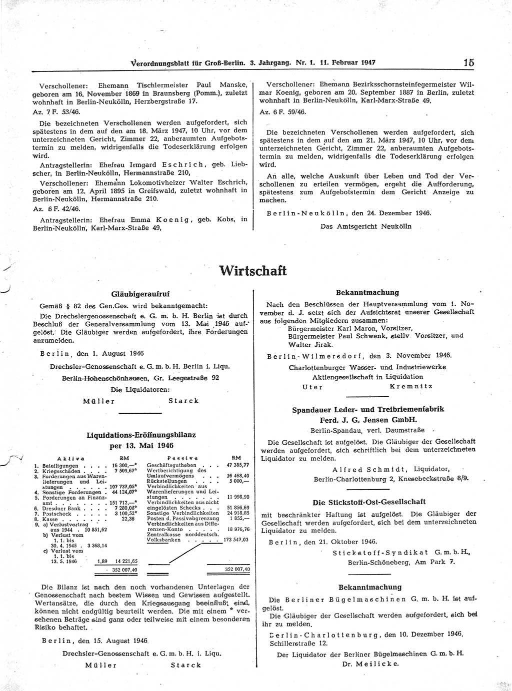 Verordnungsblatt (VOBl.) für Groß-Berlin 1947, Seite 15 (VOBl. Bln. 1947, S. 15)