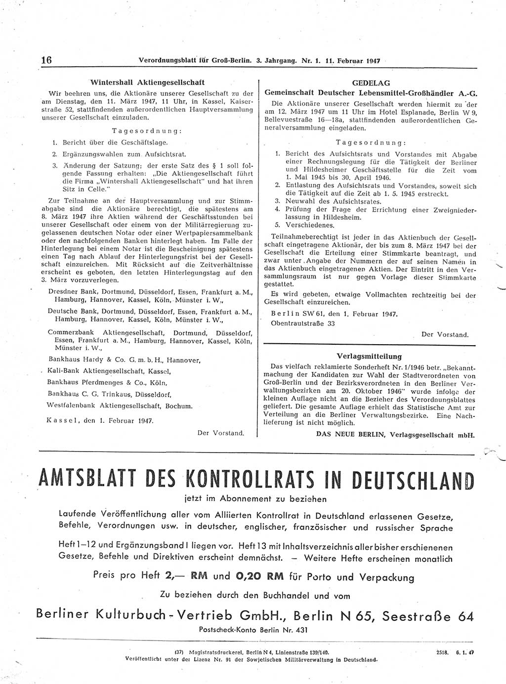 Verordnungsblatt (VOBl.) für Groß-Berlin 1947, Seite 16 (VOBl. Bln. 1947, S. 16)