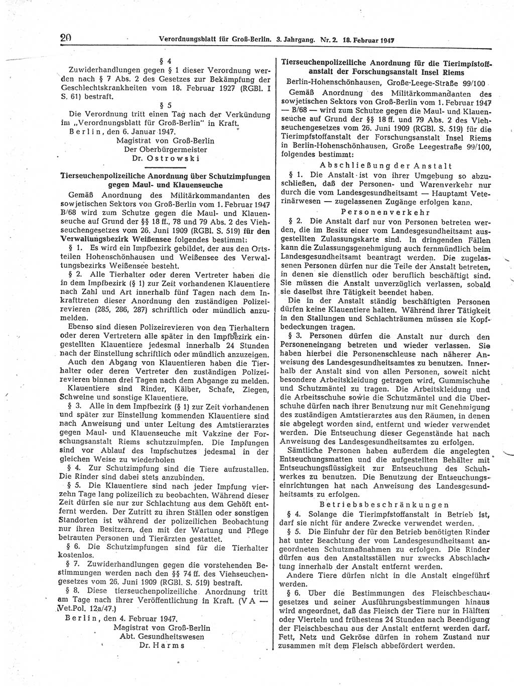 Verordnungsblatt (VOBl.) für Groß-Berlin 1947, Seite 20 (VOBl. Bln. 1947, S. 20)