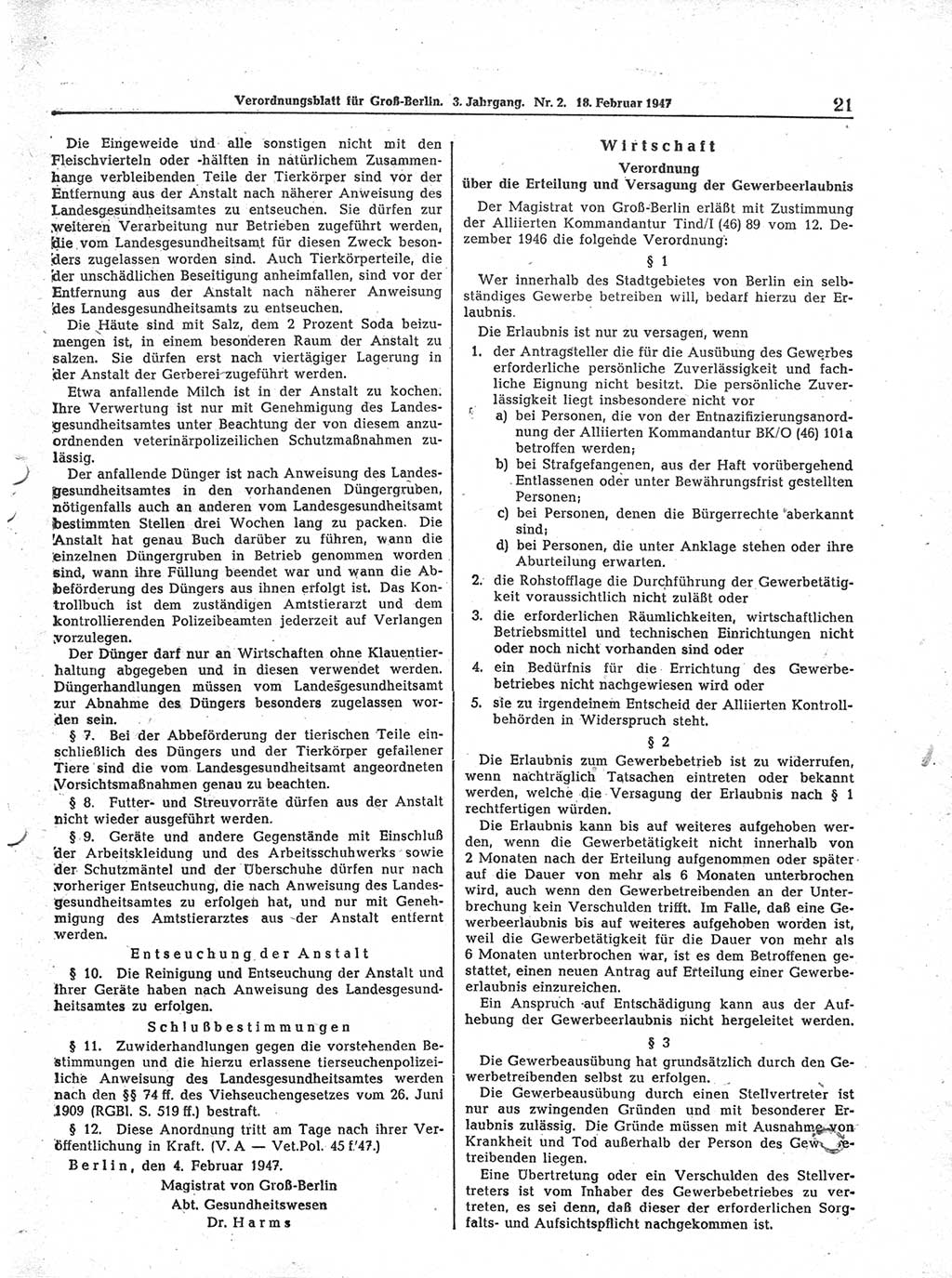 Verordnungsblatt (VOBl.) für Groß-Berlin 1947, Seite 21 (VOBl. Bln. 1947, S. 21)