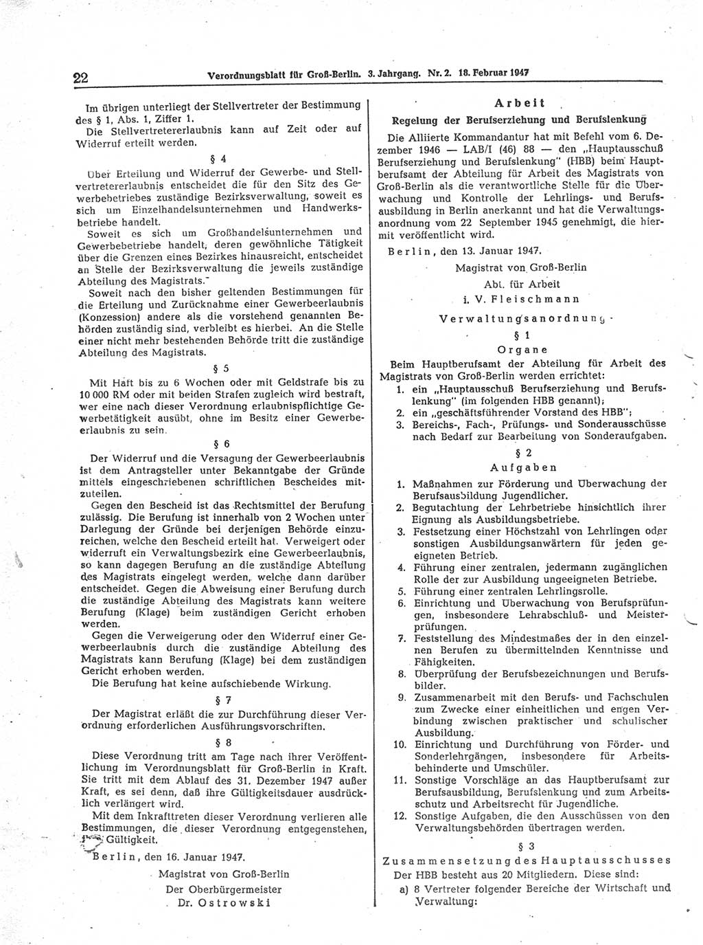 Verordnungsblatt (VOBl.) für Groß-Berlin 1947, Seite 22 (VOBl. Bln. 1947, S. 22)