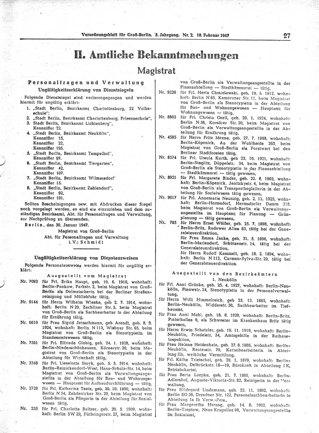 Verordnungsblatt (VOBl.) für Groß-Berlin 1947, Seite 27 (VOBl. Bln. 1947, S. 27)