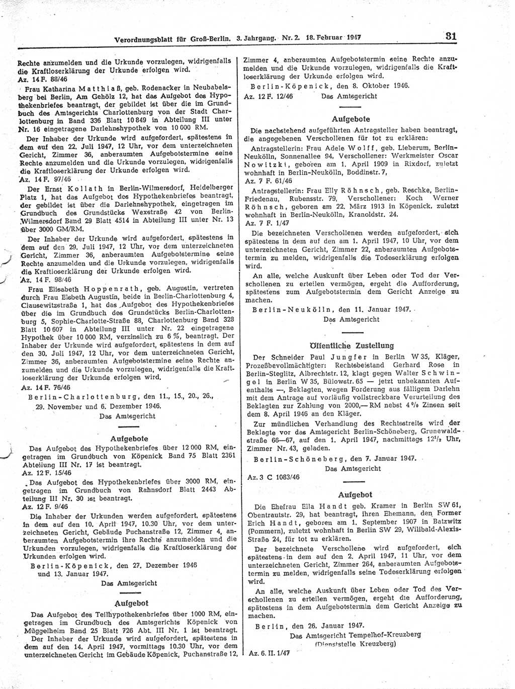 Verordnungsblatt (VOBl.) für Groß-Berlin 1947, Seite 31 (VOBl. Bln. 1947, S. 31)