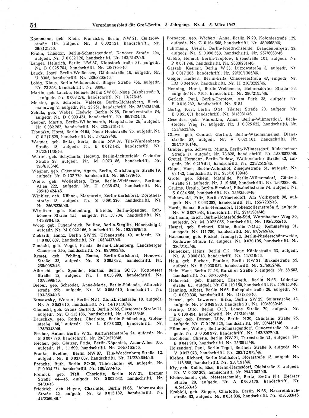 Verordnungsblatt (VOBl.) für Groß-Berlin 1947, Seite 54 (VOBl. Bln. 1947, S. 54)