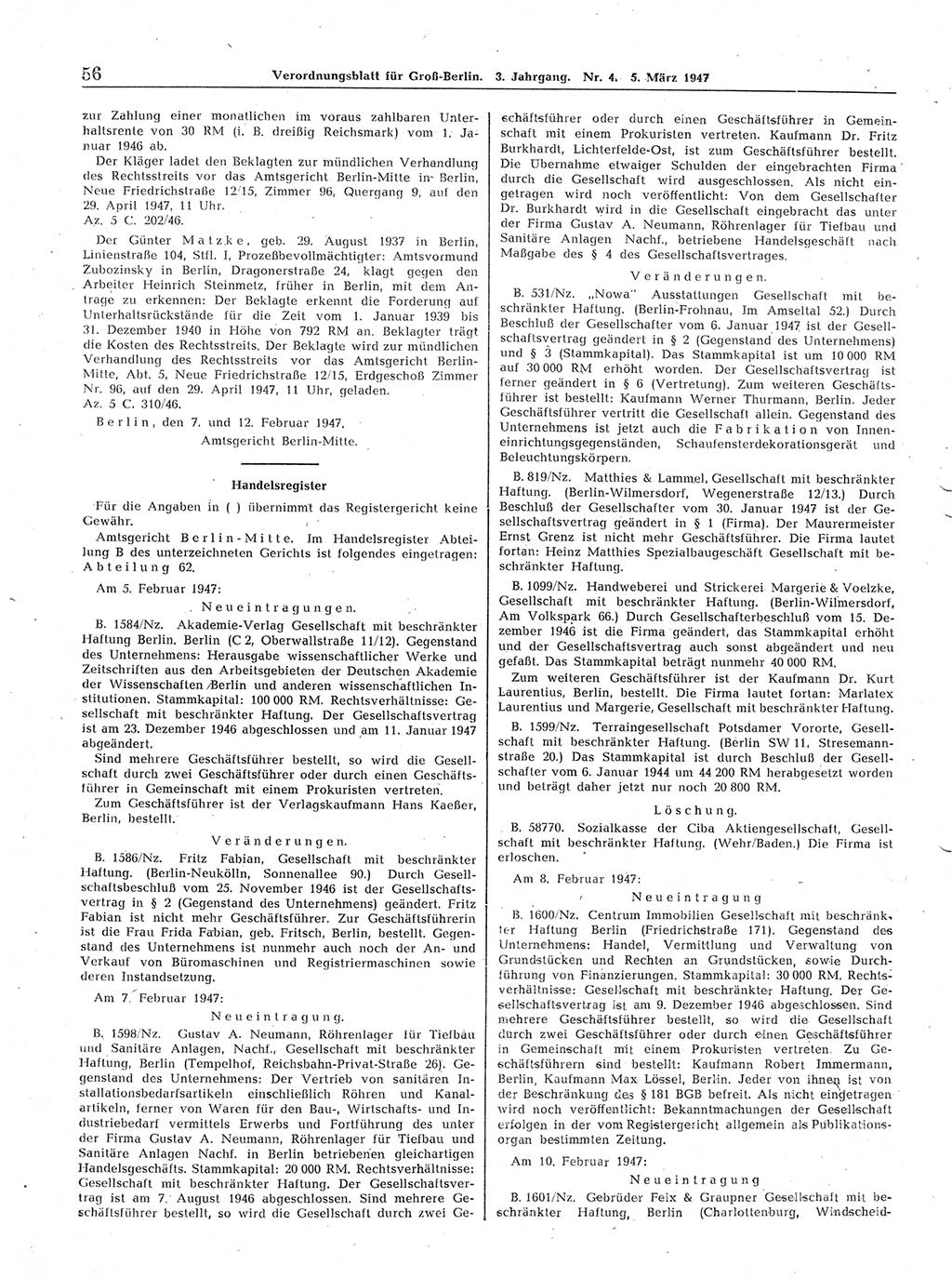 Verordnungsblatt (VOBl.) für Groß-Berlin 1947, Seite 56 (VOBl. Bln. 1947, S. 56)