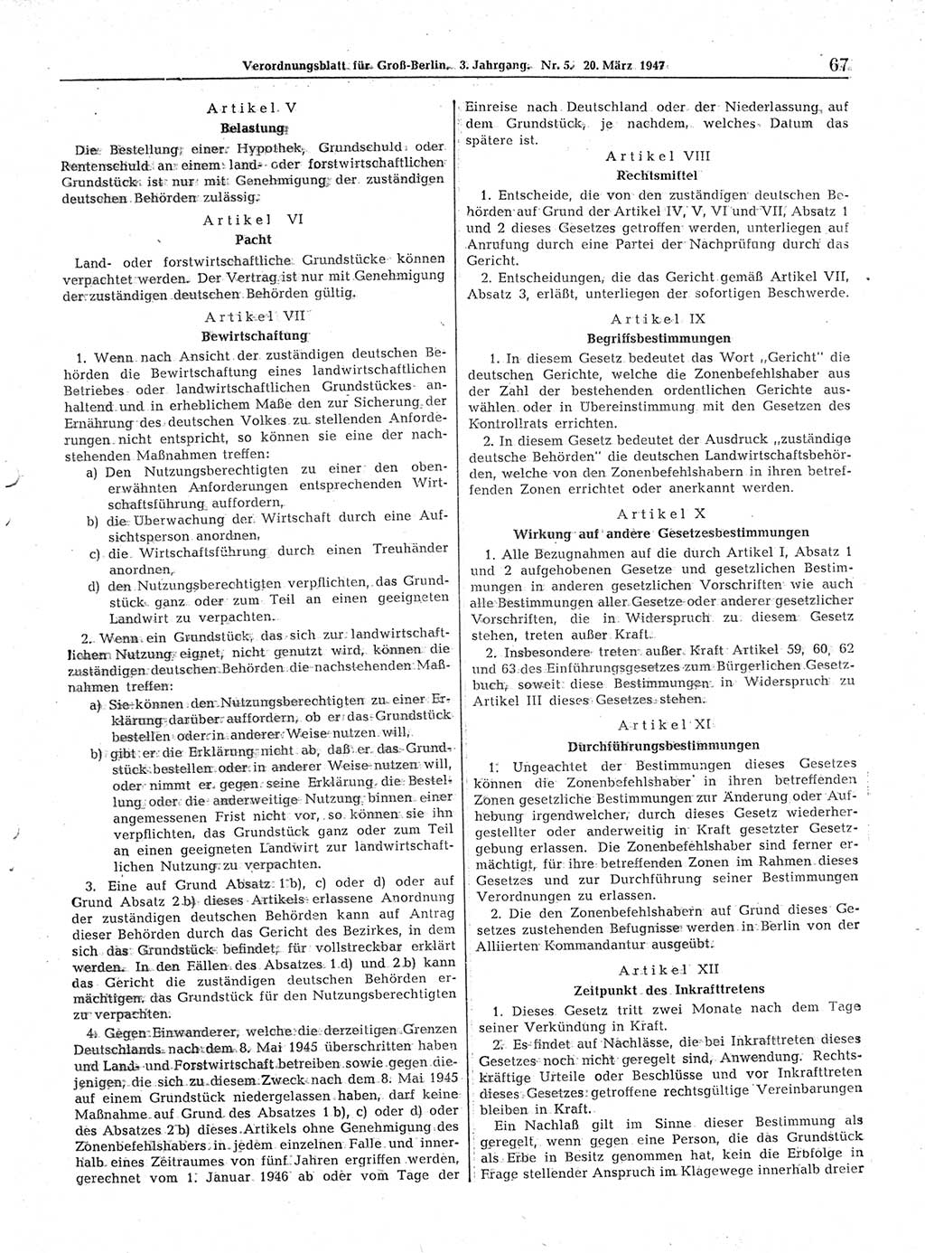 Verordnungsblatt (VOBl.) für Groß-Berlin 1947, Seite 67 (VOBl. Bln. 1947, S. 67)