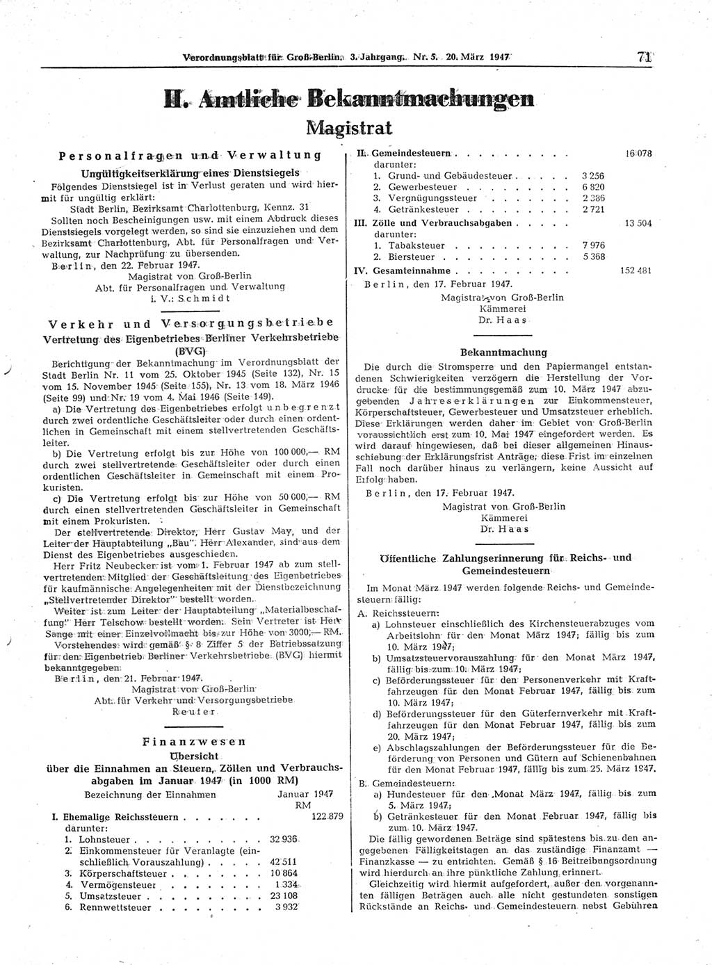 Verordnungsblatt (VOBl.) für Groß-Berlin 1947, Seite 71 (VOBl. Bln. 1947, S. 71)