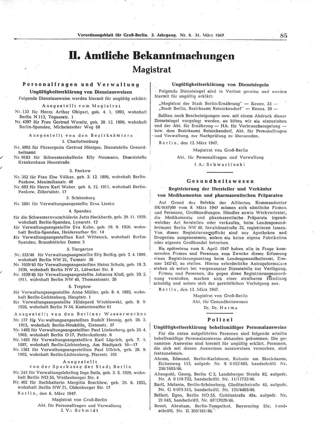 Verordnungsblatt (VOBl.) für Groß-Berlin 1947, Seite 85 (VOBl. Bln. 1947, S. 85)