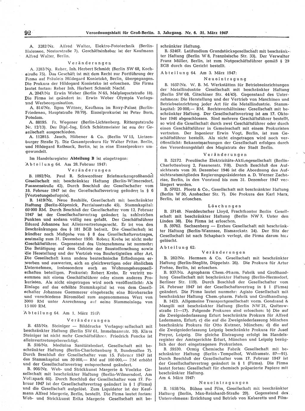 Verordnungsblatt (VOBl.) für Groß-Berlin 1947, Seite 92 (VOBl. Bln. 1947, S. 92)