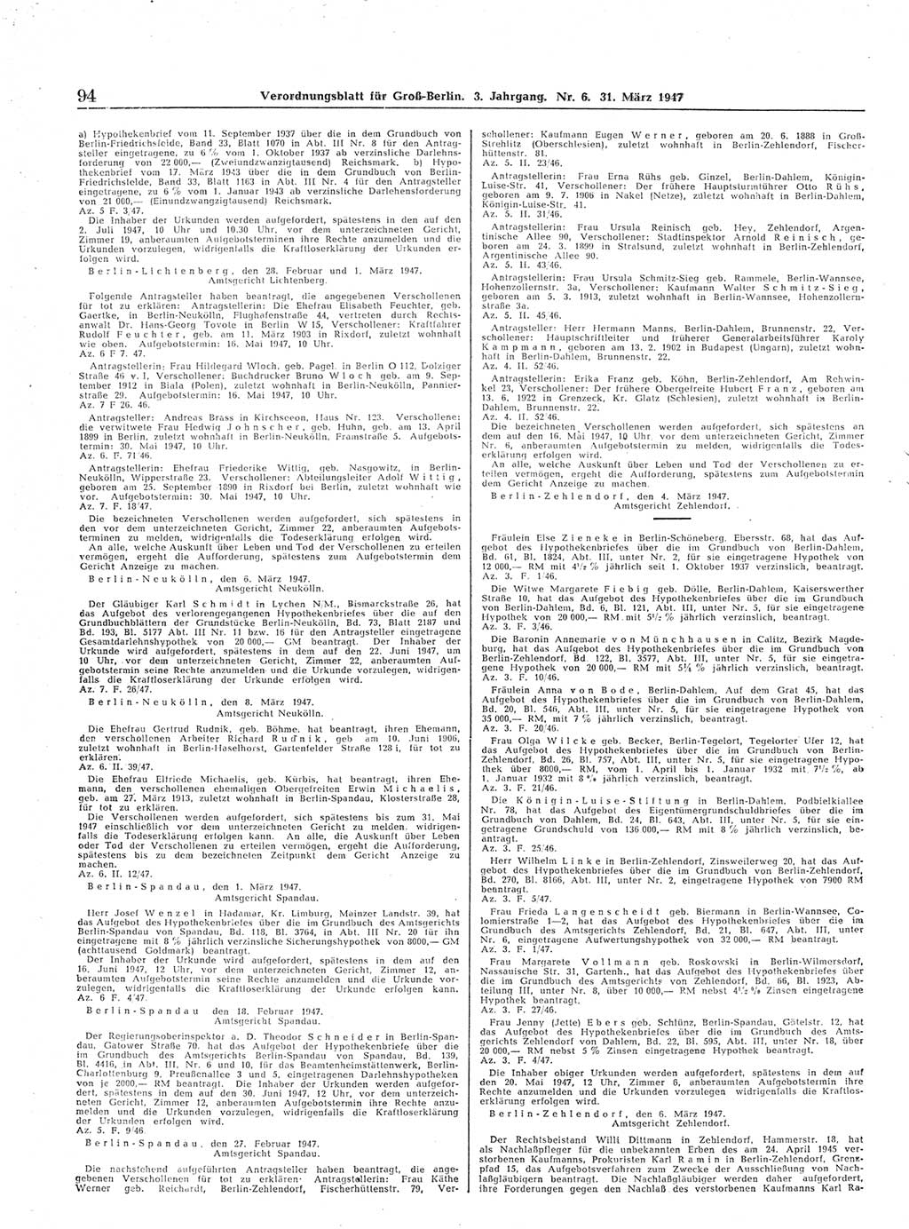 Verordnungsblatt (VOBl.) für Groß-Berlin 1947, Seite 94 (VOBl. Bln. 1947, S. 94)