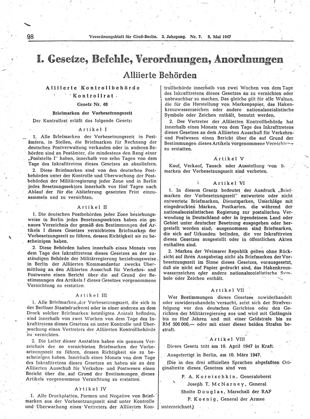 Verordnungsblatt (VOBl.) für Groß-Berlin 1947, Seite 98 (VOBl. Bln. 1947, S. 98)
