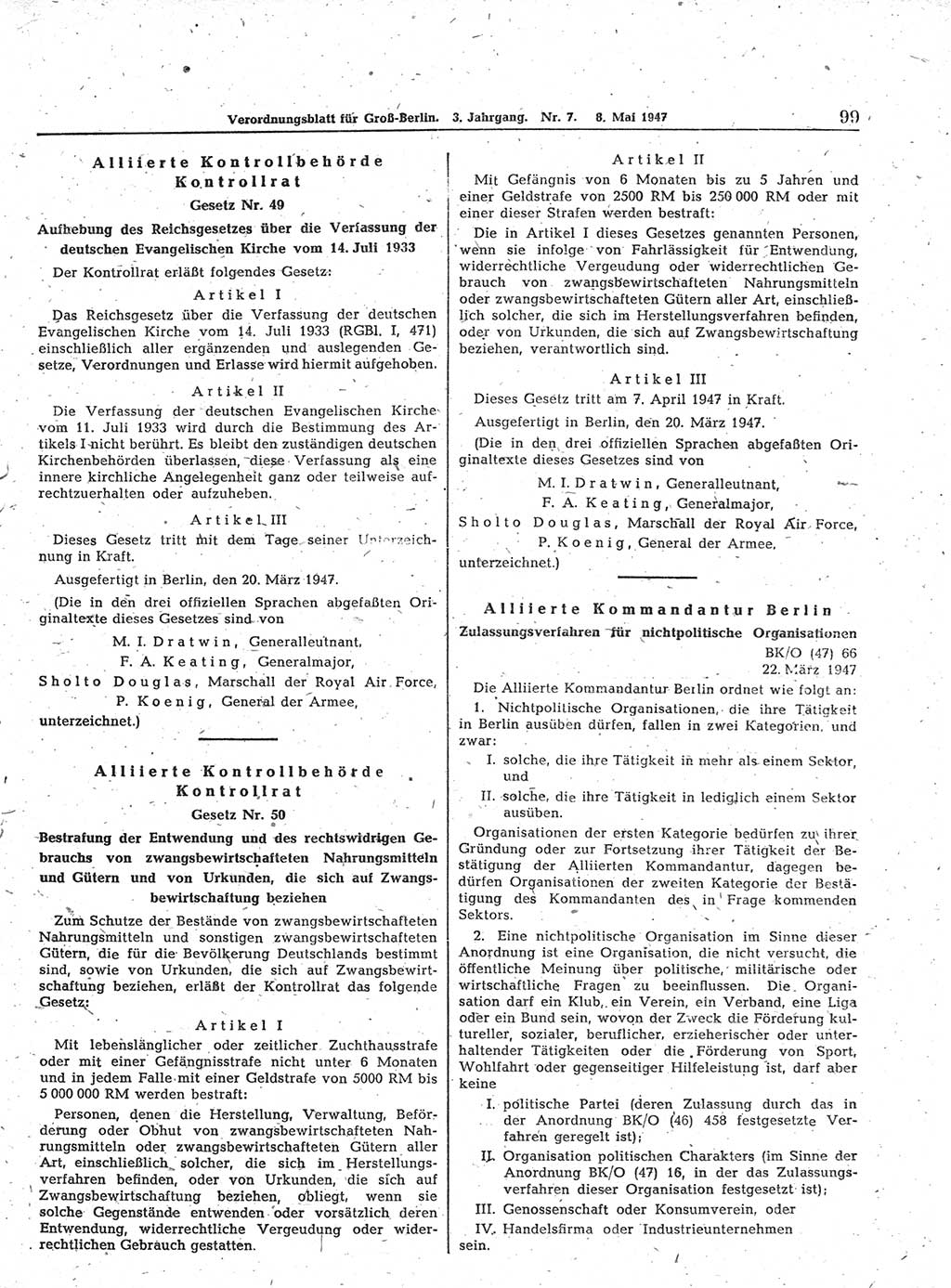 Verordnungsblatt (VOBl.) für Groß-Berlin 1947, Seite 99 (VOBl. Bln. 1947, S. 99)