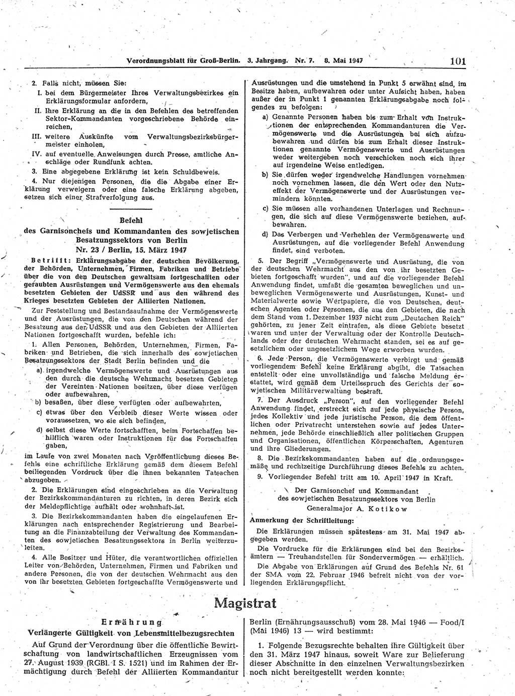Verordnungsblatt (VOBl.) für Groß-Berlin 1947, Seite 101 (VOBl. Bln. 1947, S. 101)