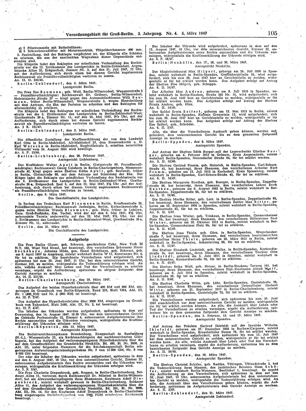 Verordnungsblatt (VOBl.) für Groß-Berlin 1947, Seite 105 (VOBl. Bln. 1947, S. 105)