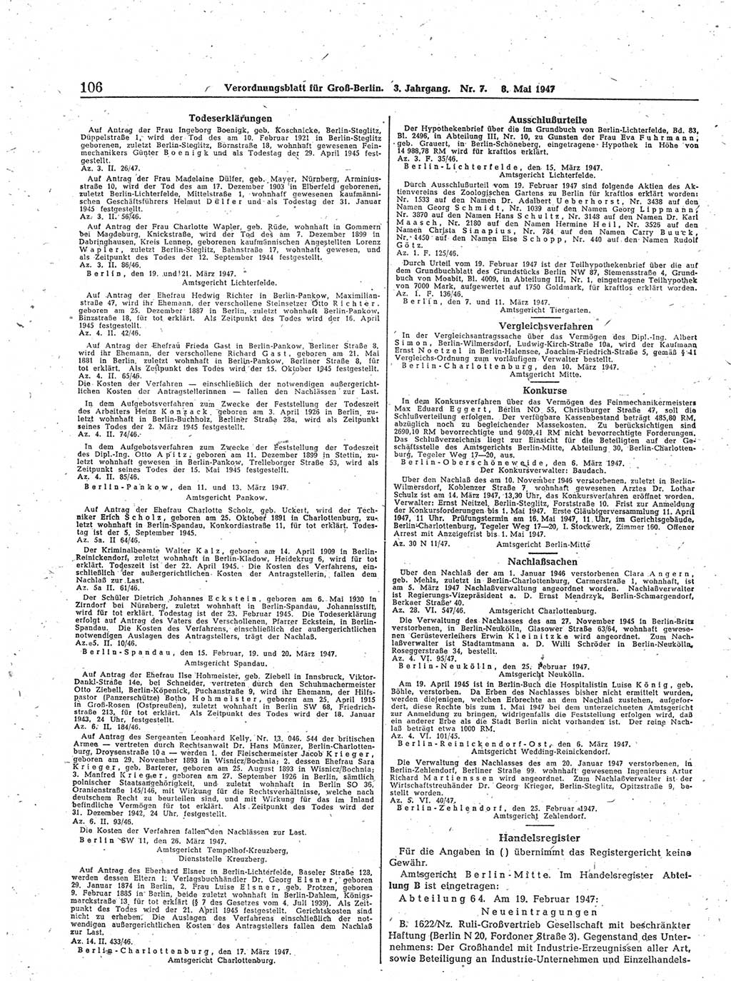 Verordnungsblatt (VOBl.) für Groß-Berlin 1947, Seite 106 (VOBl. Bln. 1947, S. 106)