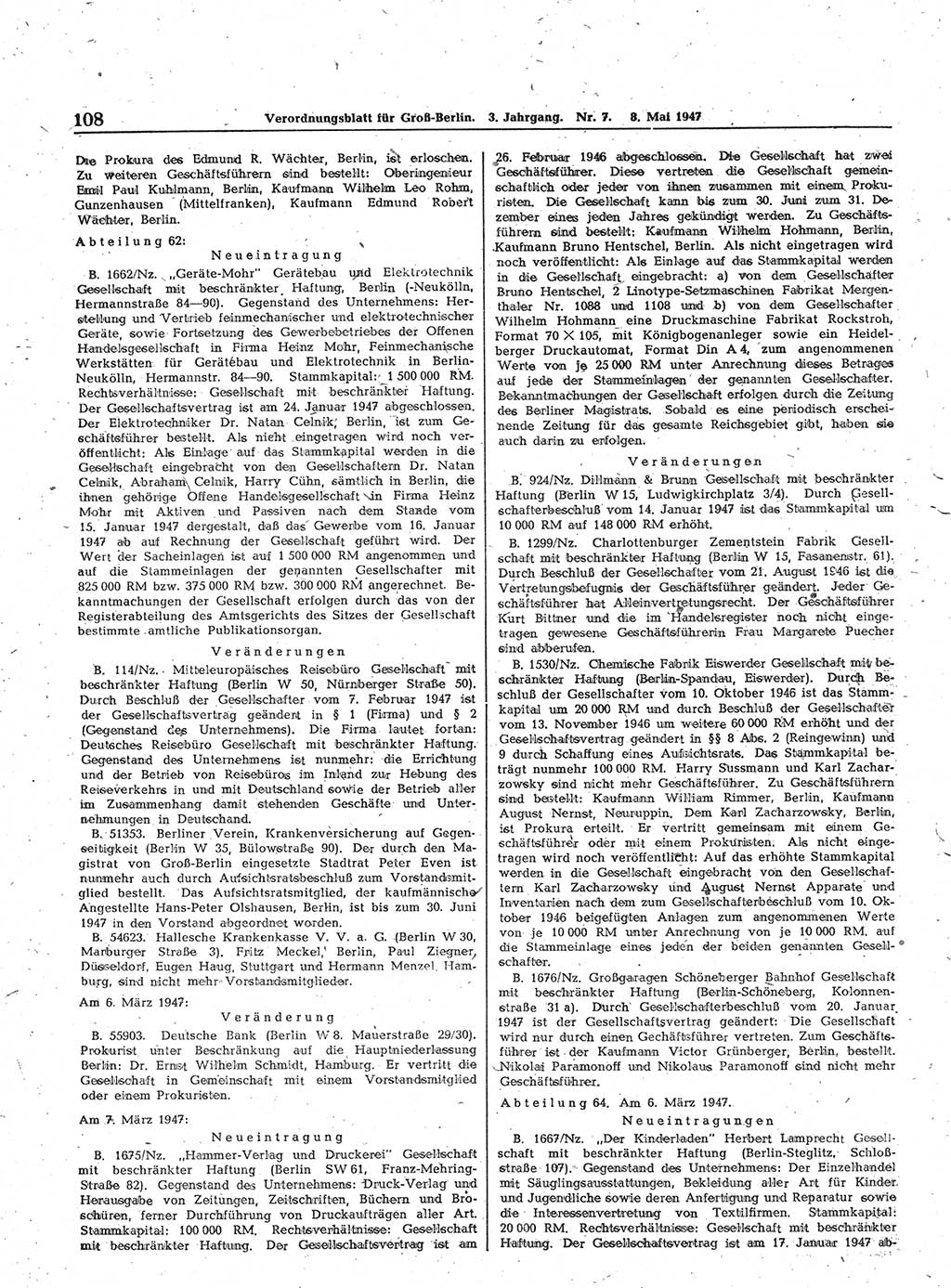 Verordnungsblatt (VOBl.) für Groß-Berlin 1947, Seite 108 (VOBl. Bln. 1947, S. 108)