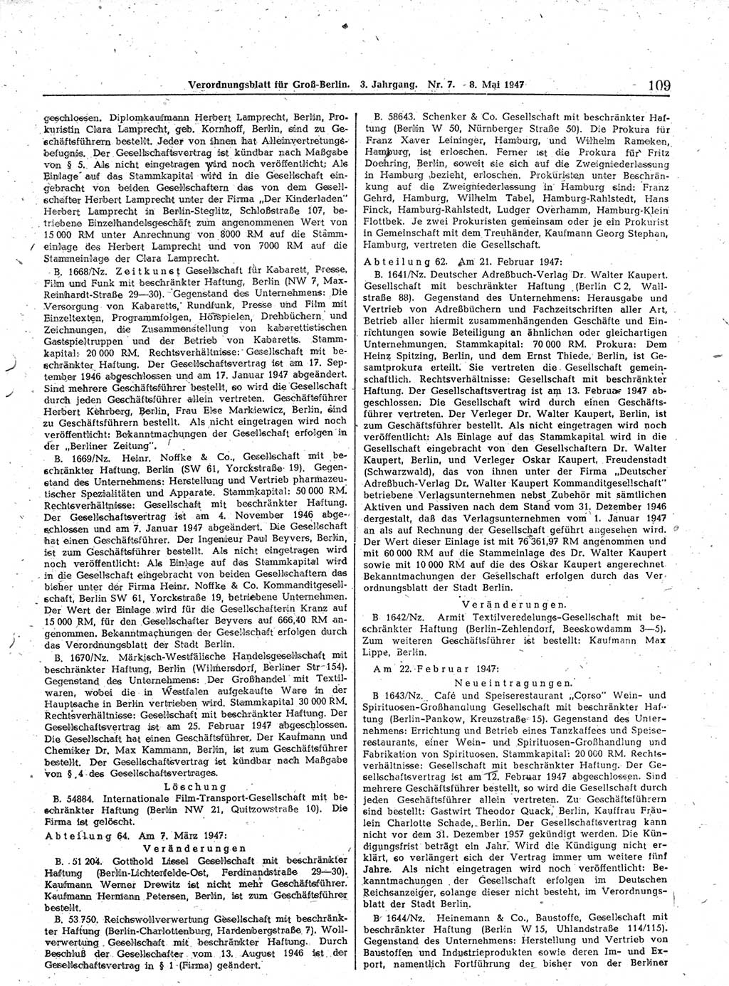Verordnungsblatt (VOBl.) für Groß-Berlin 1947, Seite 109 (VOBl. Bln. 1947, S. 109)