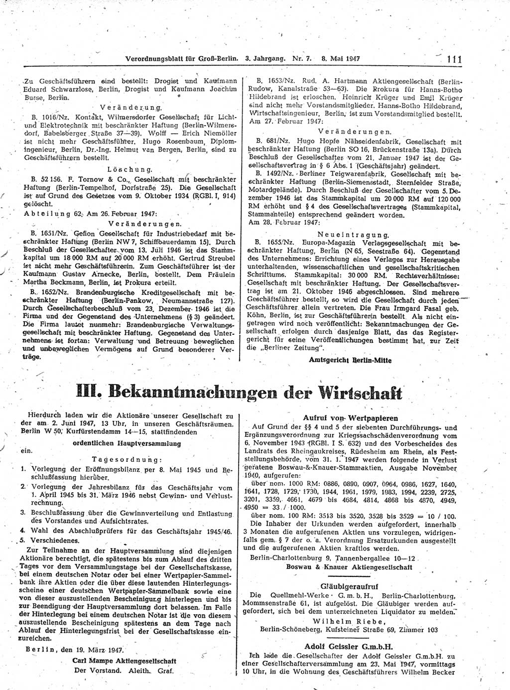 Verordnungsblatt (VOBl.) für Groß-Berlin 1947, Seite 111 (VOBl. Bln. 1947, S. 111)