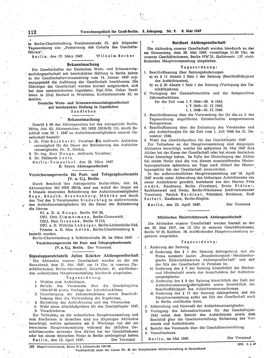 Verordnungsblatt (VOBl.) für Groß-Berlin 1947, Seite 112 (VOBl. Bln. 1947, S. 112)