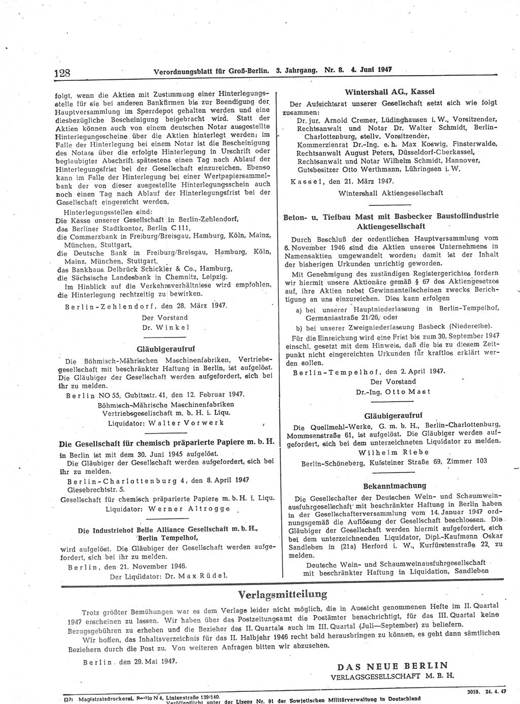 Verordnungsblatt (VOBl.) für Groß-Berlin 1947, Seite 128 (VOBl. Bln. 1947, S. 128)