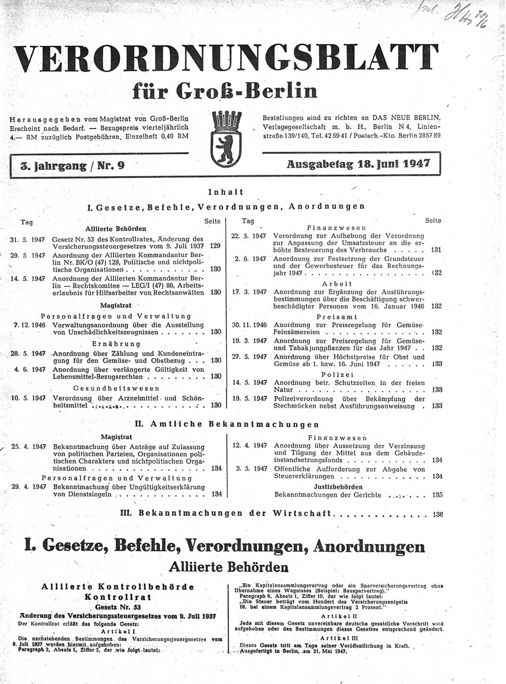 Verordnungsblatt (VOBl.) für Groß-Berlin 1947, Seite 129 (VOBl. Bln. 1947, S. 129)