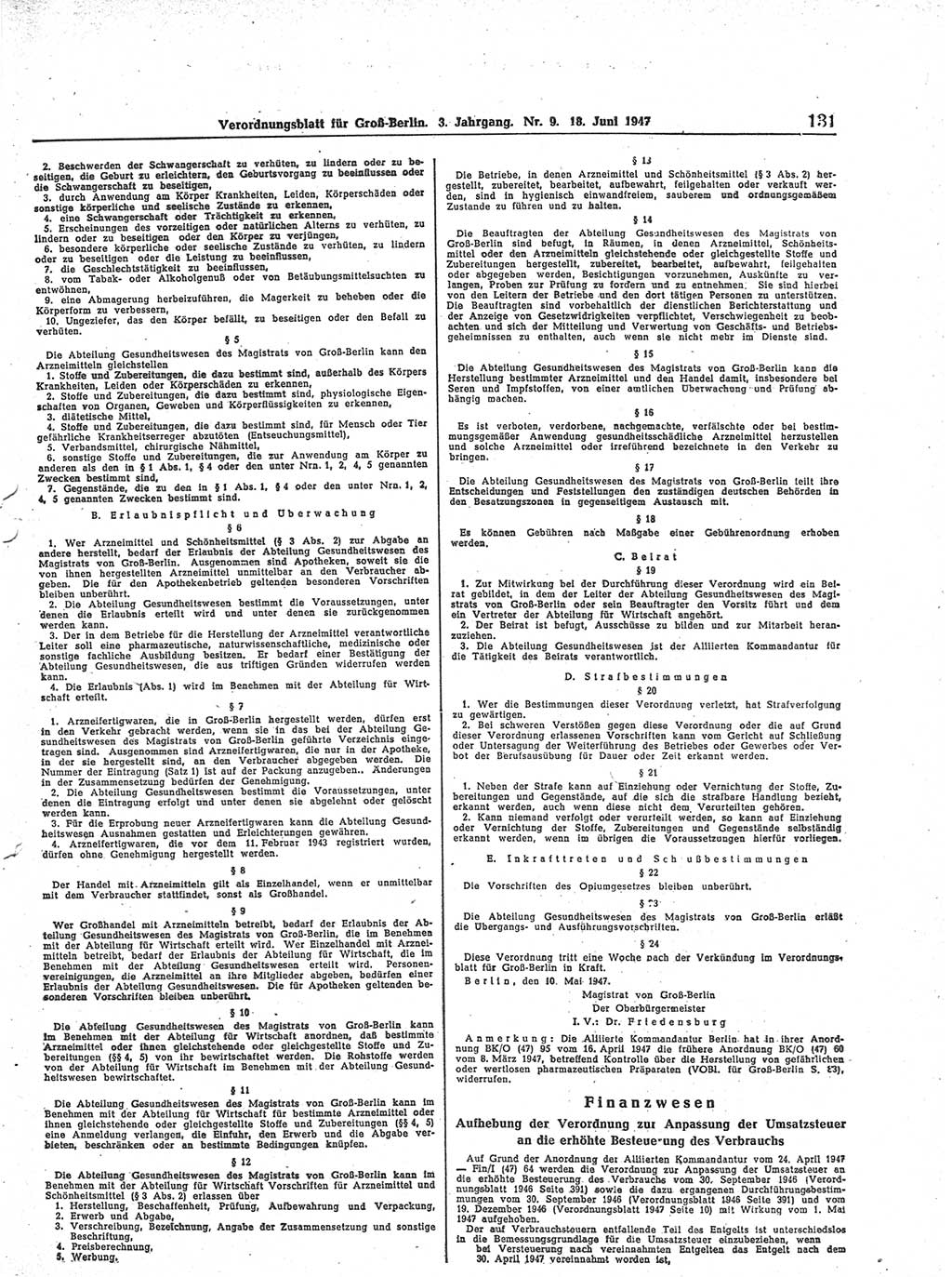 Verordnungsblatt (VOBl.) für Groß-Berlin 1947, Seite 131 (VOBl. Bln. 1947, S. 131)
