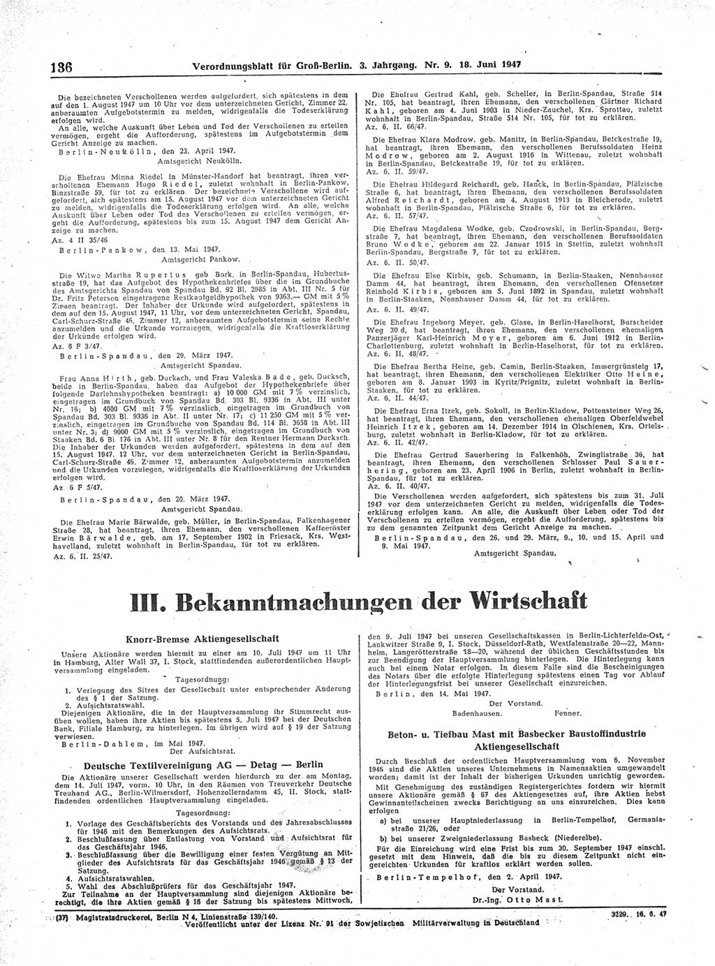 Verordnungsblatt (VOBl.) für Groß-Berlin 1947, Seite 136 (VOBl. Bln. 1947, S. 136)