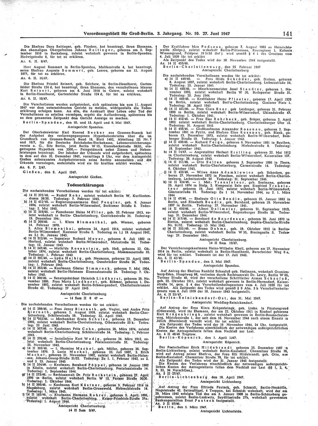Verordnungsblatt (VOBl.) für Groß-Berlin 1947, Seite 141 (VOBl. Bln. 1947, S. 141)