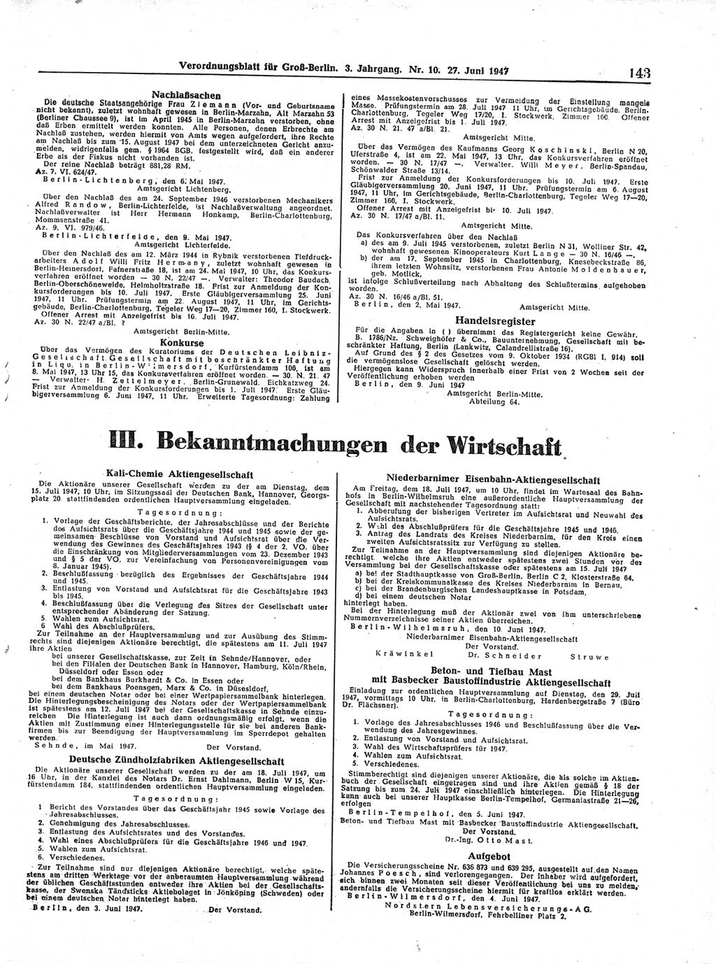 Verordnungsblatt (VOBl.) für Groß-Berlin 1947, Seite 143 (VOBl. Bln. 1947, S. 143)