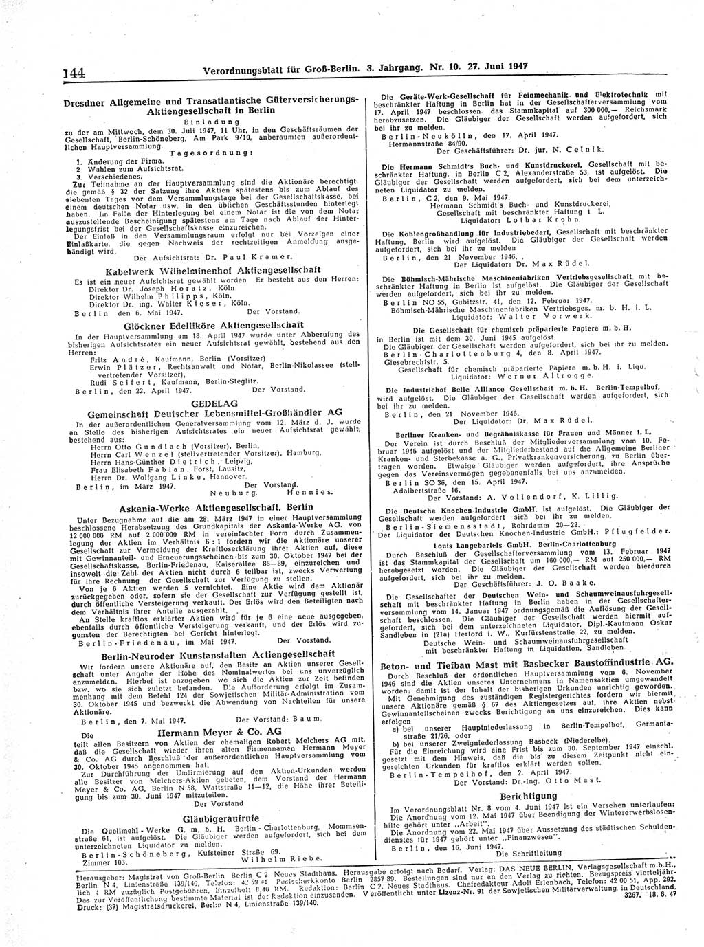 Verordnungsblatt (VOBl.) für Groß-Berlin 1947, Seite 144 (VOBl. Bln. 1947, S. 144)