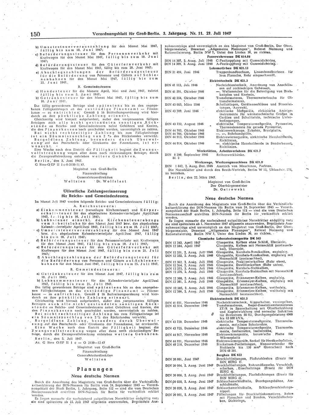 Verordnungsblatt (VOBl.) für Groß-Berlin 1947, Seite 150 (VOBl. Bln. 1947, S. 150)