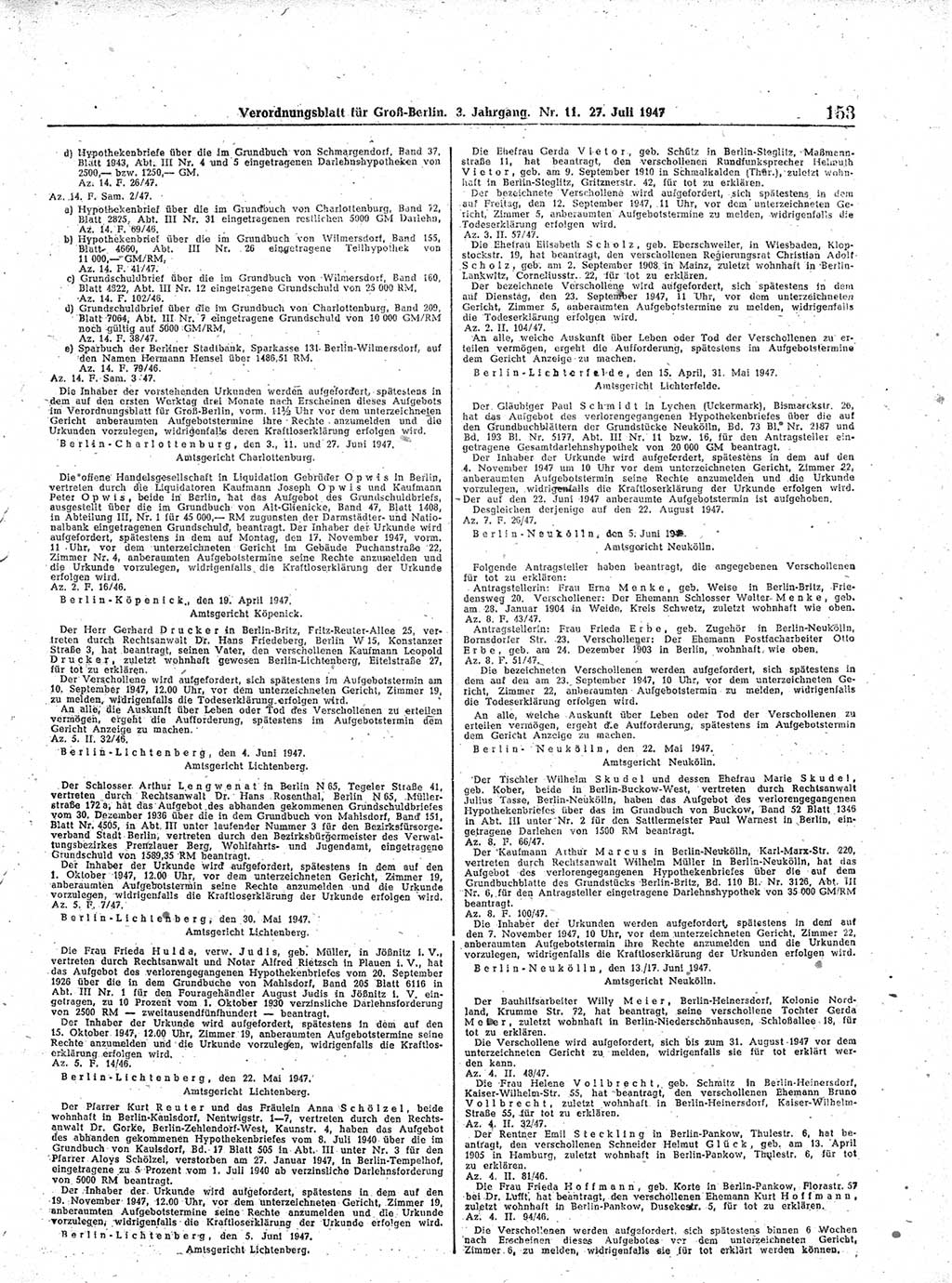 Verordnungsblatt (VOBl.) für Groß-Berlin 1947, Seite 153 (VOBl. Bln. 1947, S. 153)