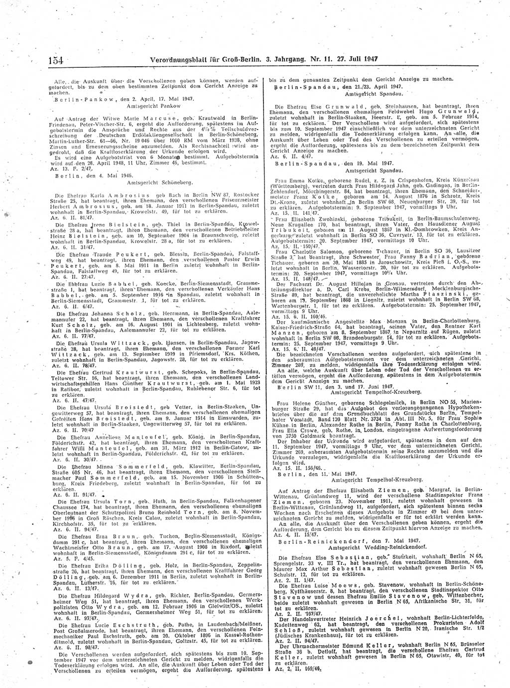 Verordnungsblatt (VOBl.) für Groß-Berlin 1947, Seite 154 (VOBl. Bln. 1947, S. 154)
