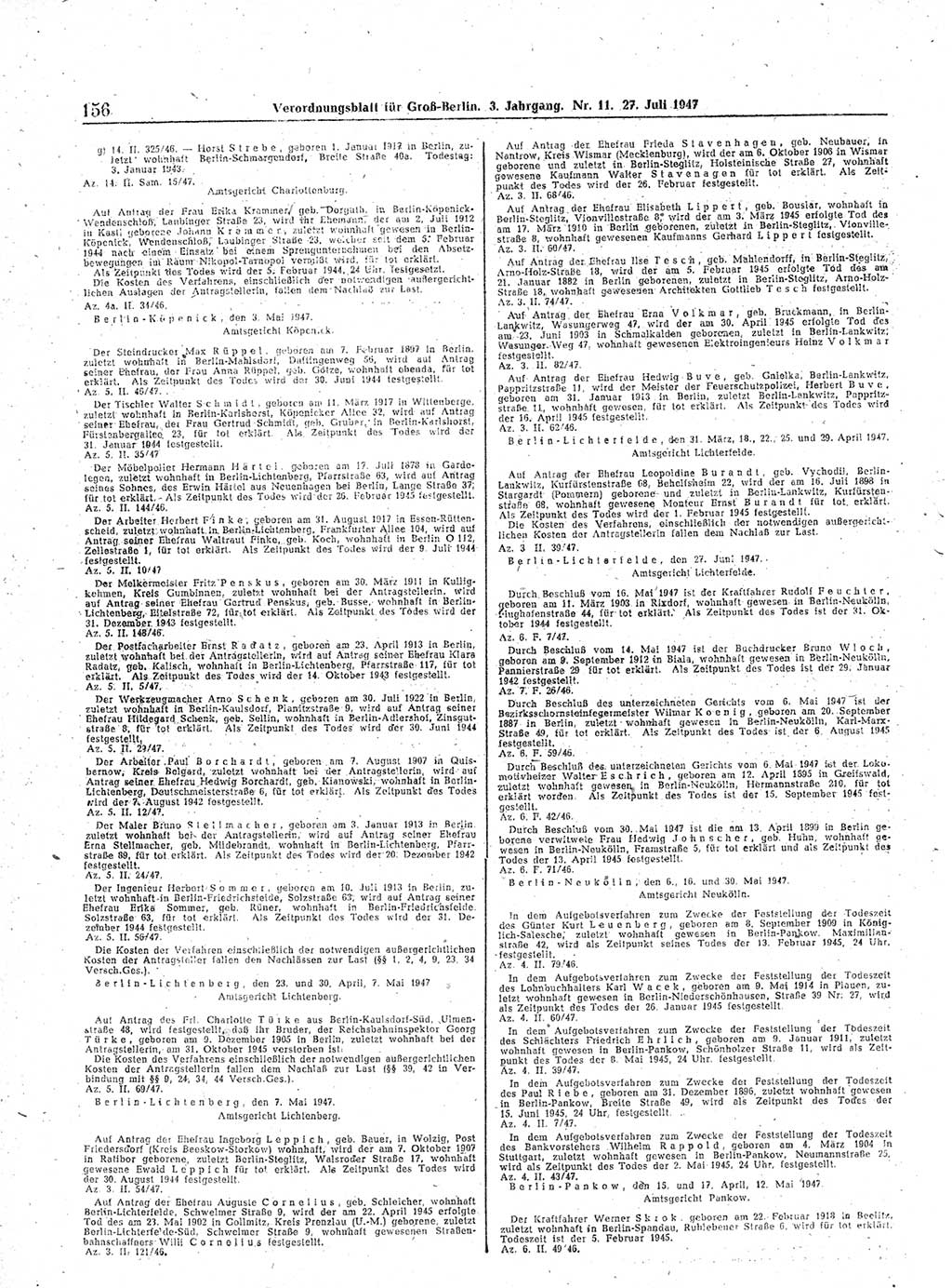 Verordnungsblatt (VOBl.) für Groß-Berlin 1947, Seite 156 (VOBl. Bln. 1947, S. 156)