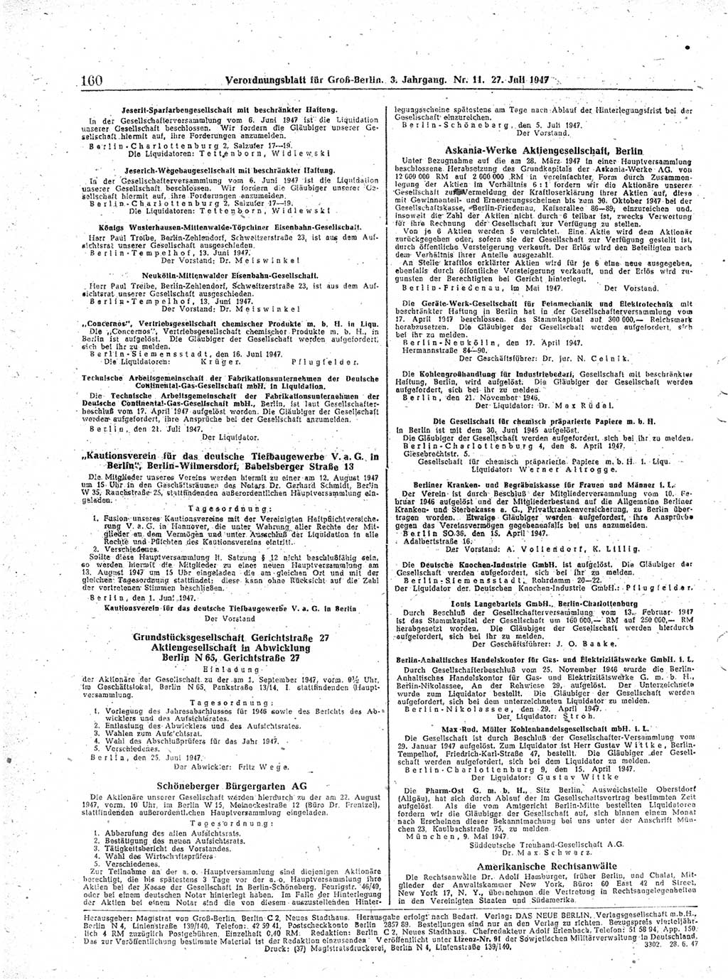 Verordnungsblatt (VOBl.) für Groß-Berlin 1947, Seite 160 (VOBl. Bln. 1947, S. 160)