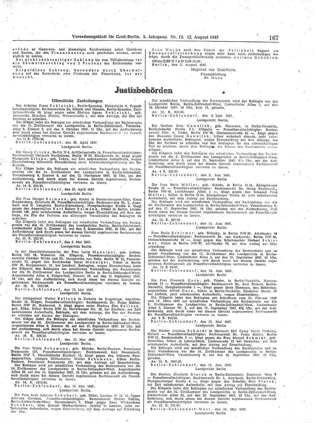 Verordnungsblatt (VOBl.) für Groß-Berlin 1947, Seite 167 (VOBl. Bln. 1947, S. 167)